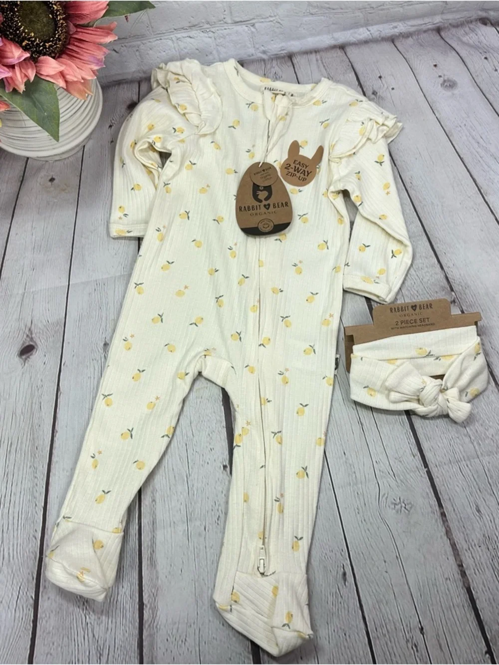 NWT Rabbit & Bear Lemon Footed One-Piece set 6-9M coquette boho cottagecore